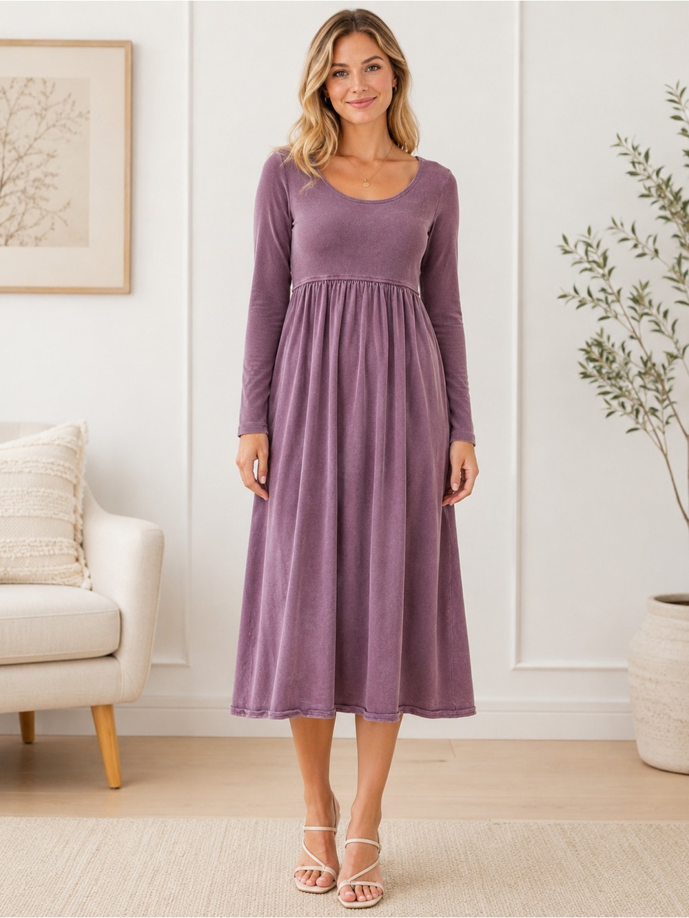 Mill Valley Long Sleeve Midi Dress in Mauve size small 100% cotton
